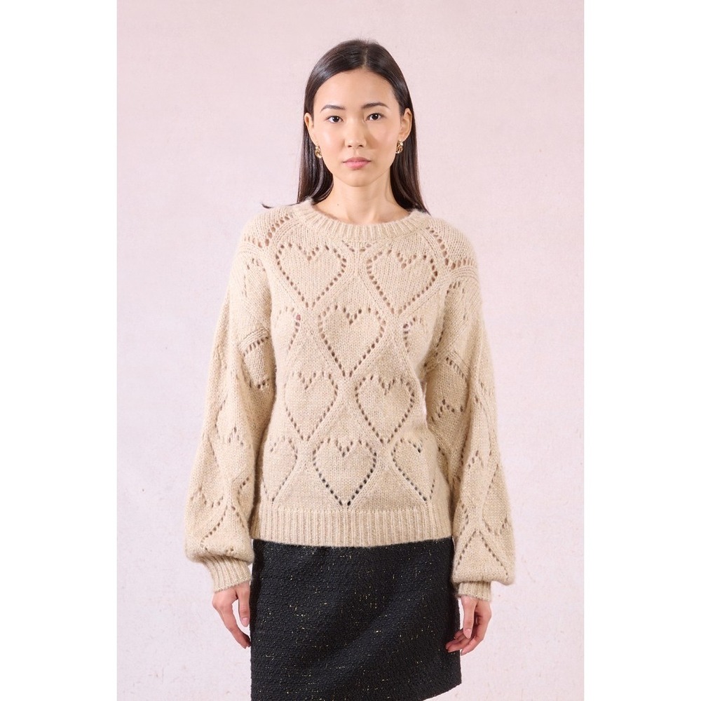 Women MOLLY BRACKEN Knitted Pointelle Heart Pattern Jumper Sweater Beige Knit XS